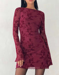 Sevila Long Sleeve Mini Dress in Flocked Botanical Flower Maroon - BELLAFISTA