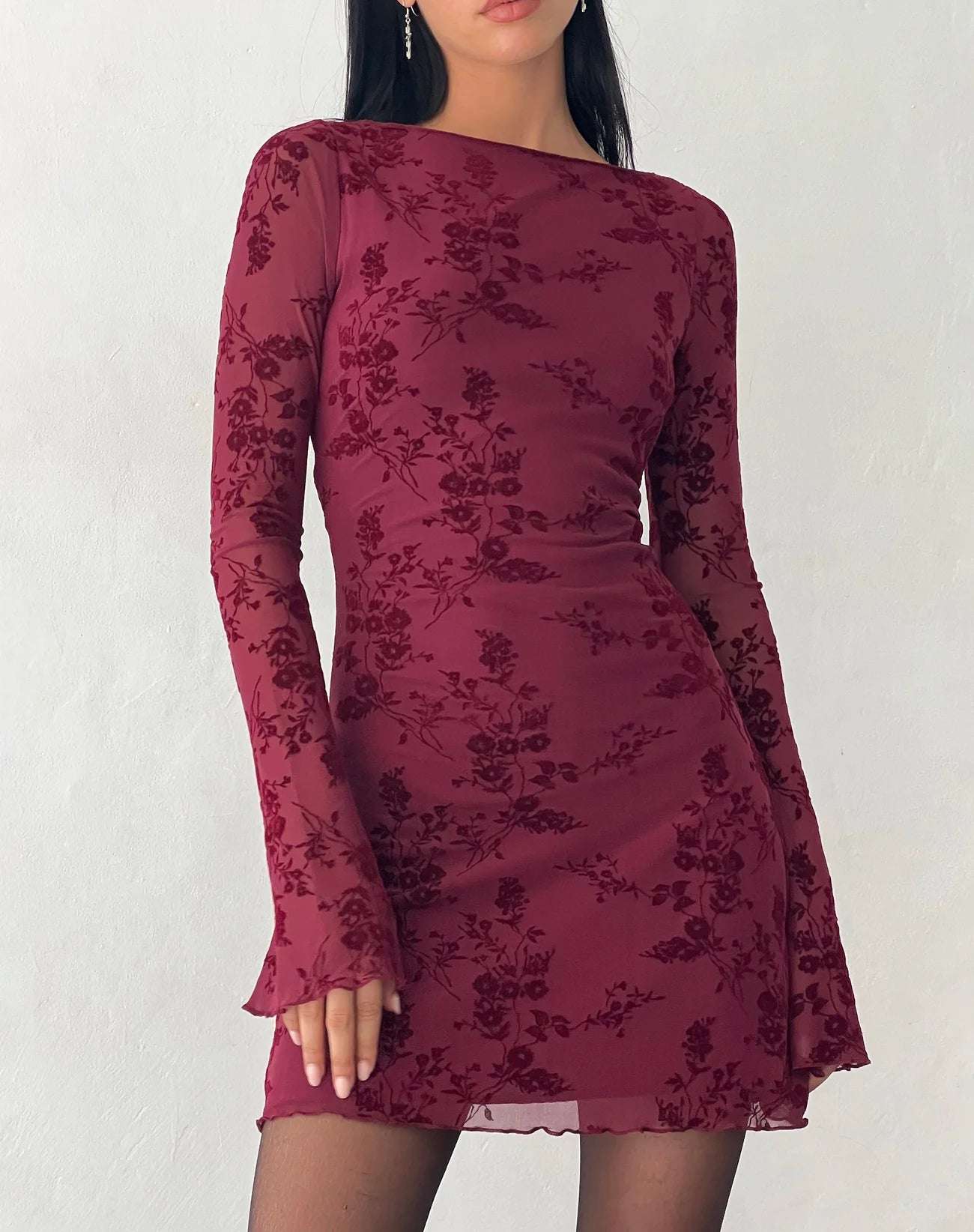 Sevila Long Sleeve Mini Dress in Flocked Botanical Flower Maroon - BELLAFISTA