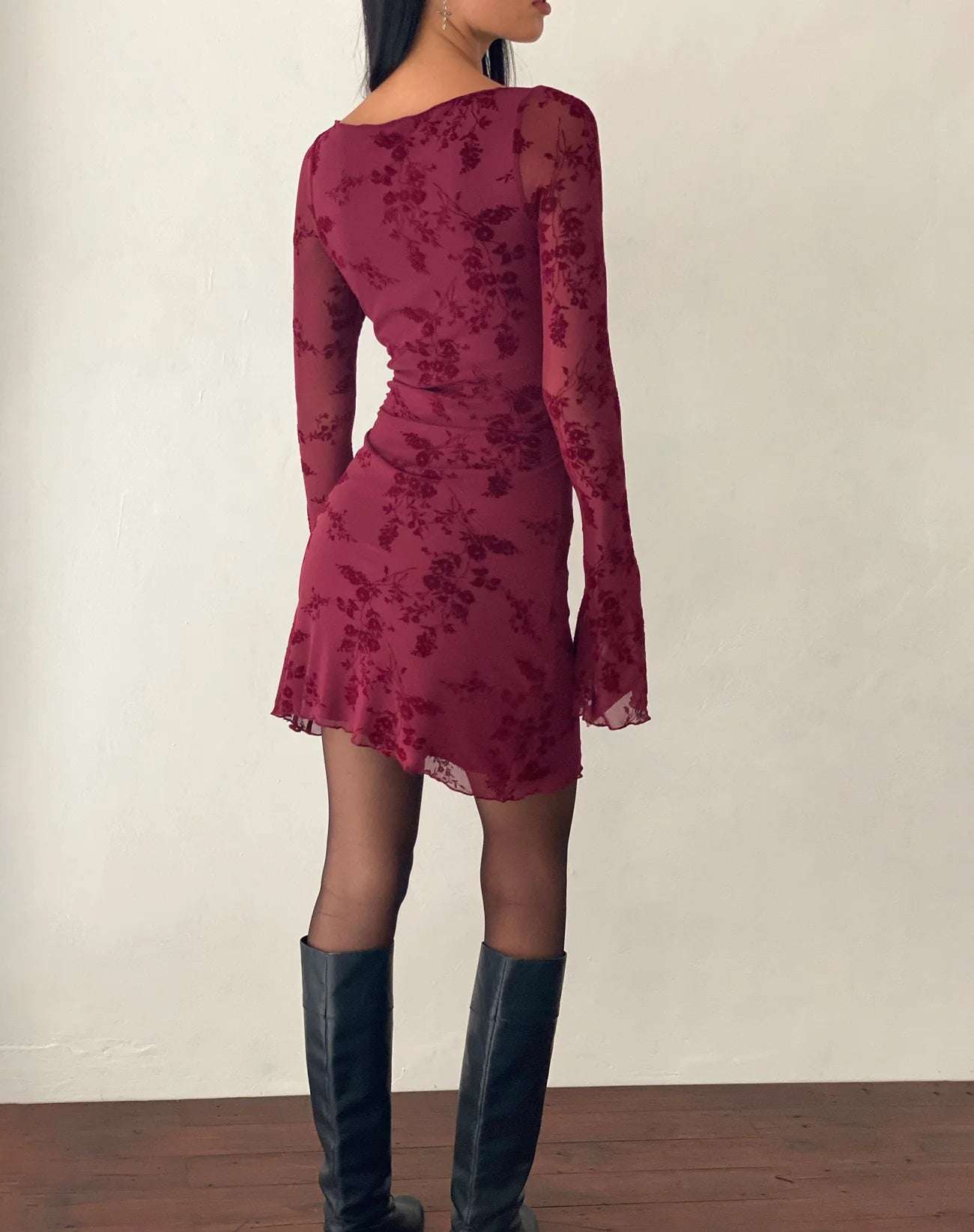 Sevila Long Sleeve Mini Dress in Flocked Botanical Flower Maroon - BELLAFISTA