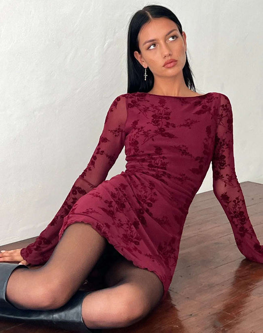 Sevila Long Sleeve Mini Dress in Flocked Botanical Flower Maroon - BELLAFISTA
