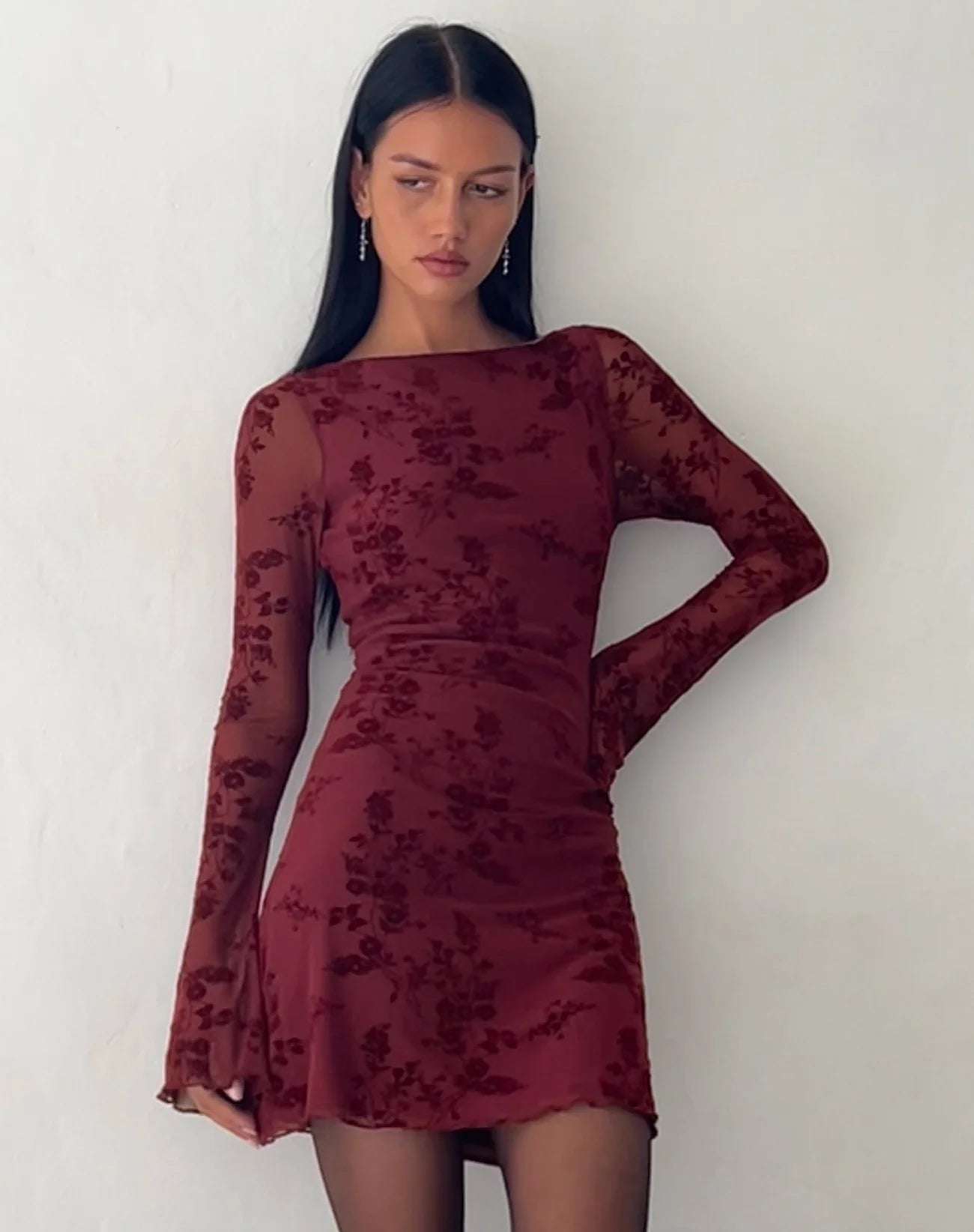 Sevila Long Sleeve Mini Dress in Flocked Botanical Flower Maroon - BELLAFISTA