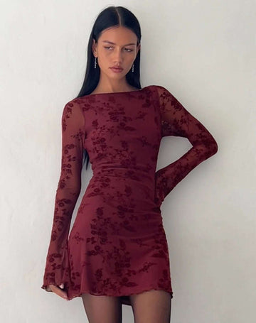 Sevila Long Sleeve Mini Dress in Flocked Botanical Flower Maroon - BELLAFISTA