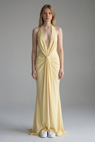 Butter Yellow Halter Backless Bridesmaid Maxi Dress