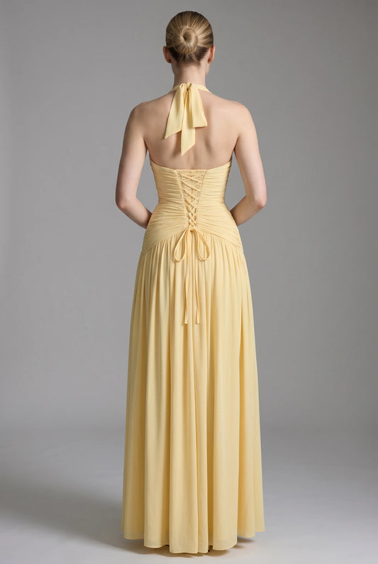 Butter Yellow Halter Bridesmaid Maxi Dress with Slit