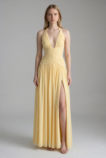 Butter Yellow Halter Bridesmaid Maxi Dress with Slit