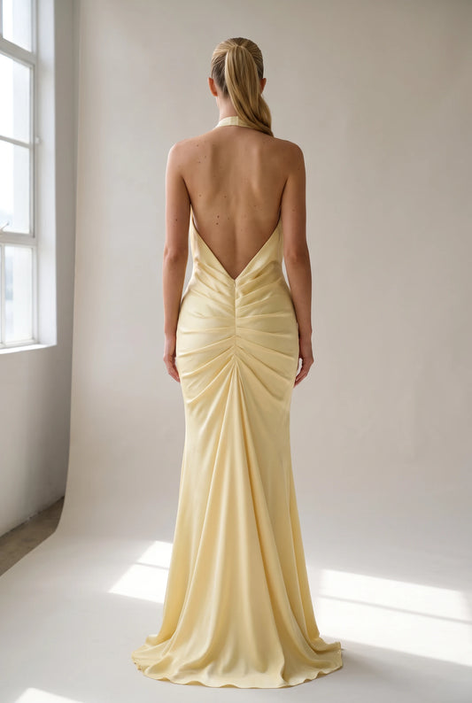 Butter Yellow Halter Backless Bridesmaid Maxi Dress