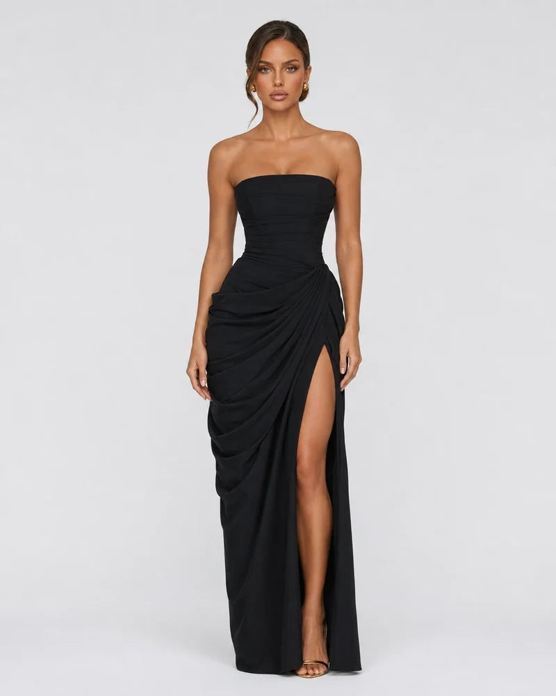 Alessia Strapless Draped Maxi Dress in Black – front view