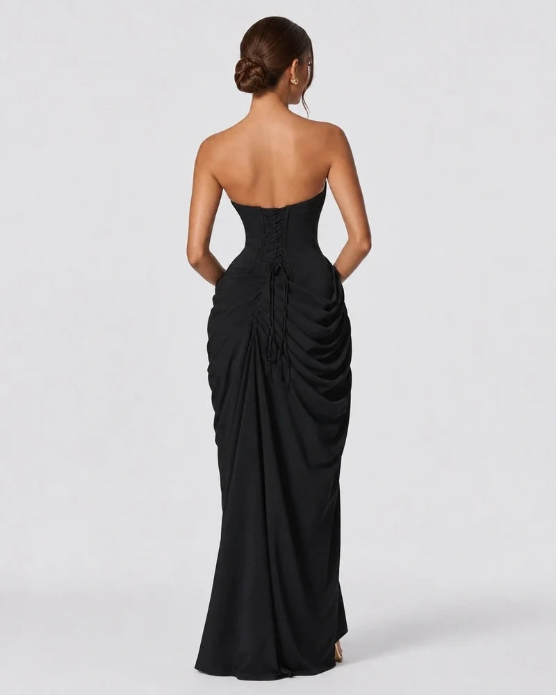 Alessia Strapless Draped Maxi Dress in Black – back view