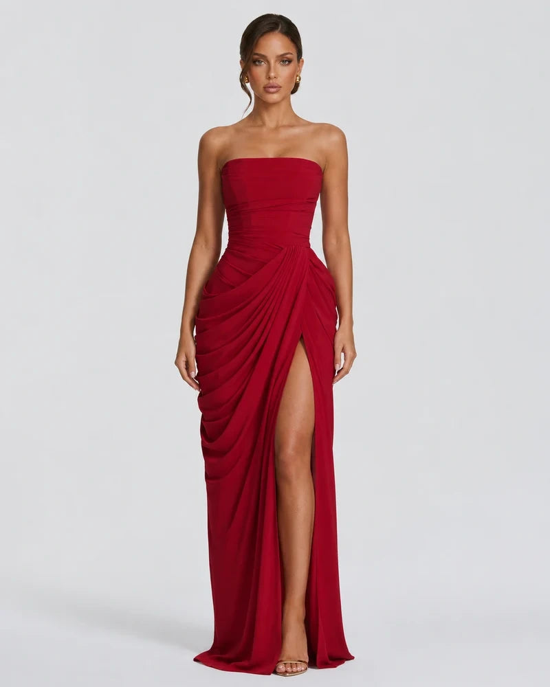 Alessia Strapless Draped Maxi Dress in Burgundy – front view
