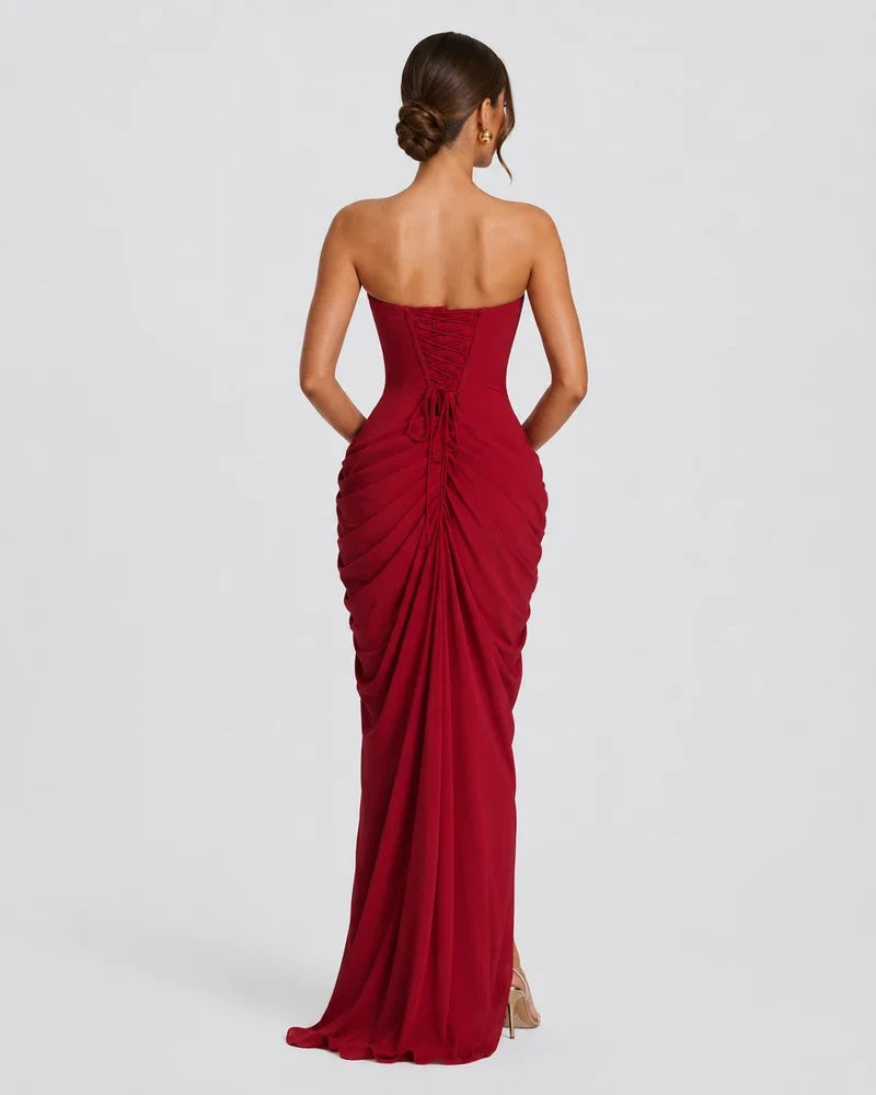Alessia Strapless Draped Maxi Dress in Burgundy – back view