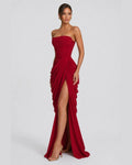 Alessia Strapless Draped Maxi Dress in Burgundy – three-quarter view