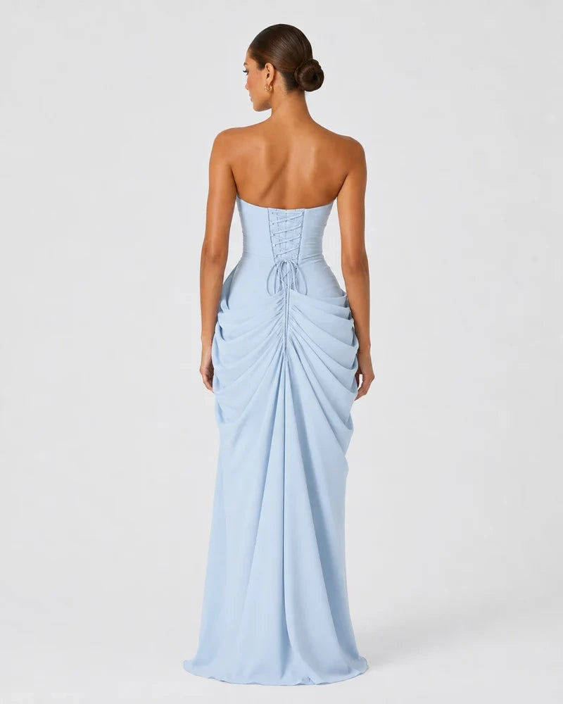 Alessia Strapless Draped Maxi Dress in Light Blue – back view