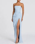 Alessia Strapless Draped Maxi Dress in Light Blue – front detail