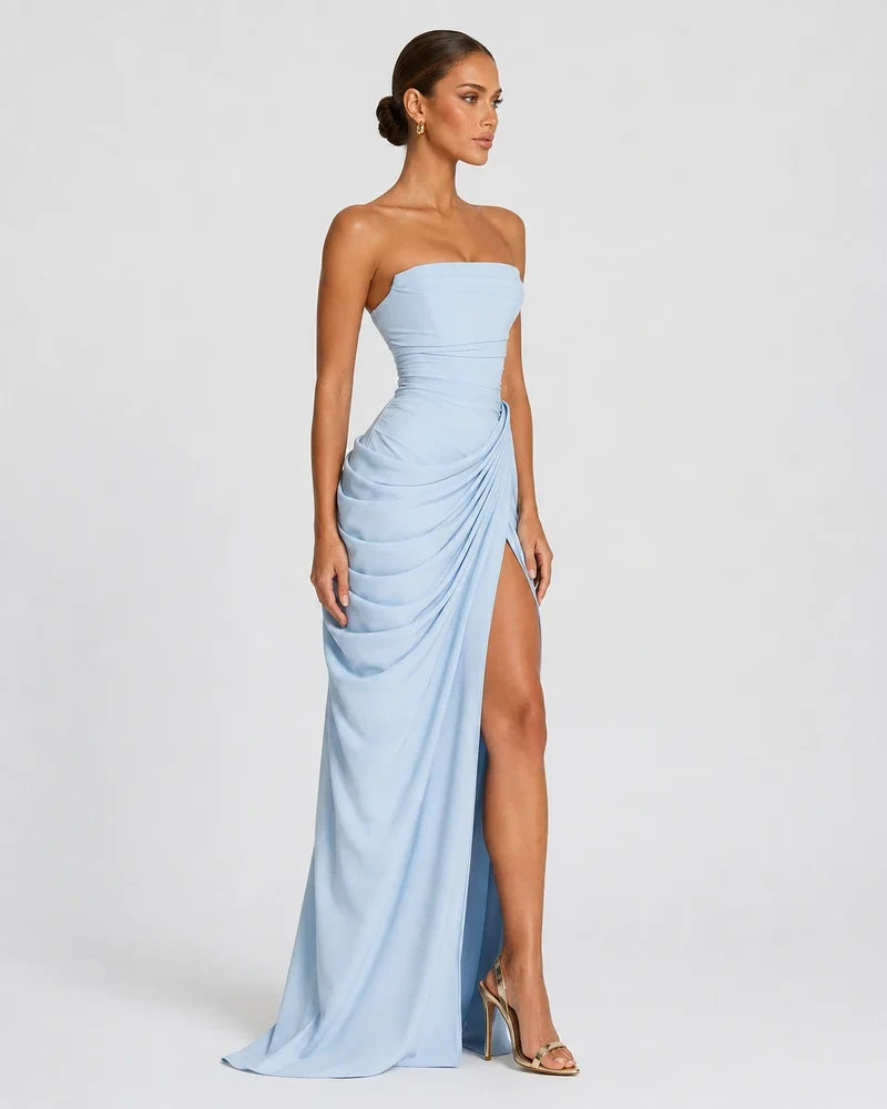 Alessia Strapless Draped Maxi Dress in Light Blue – three-quarter view