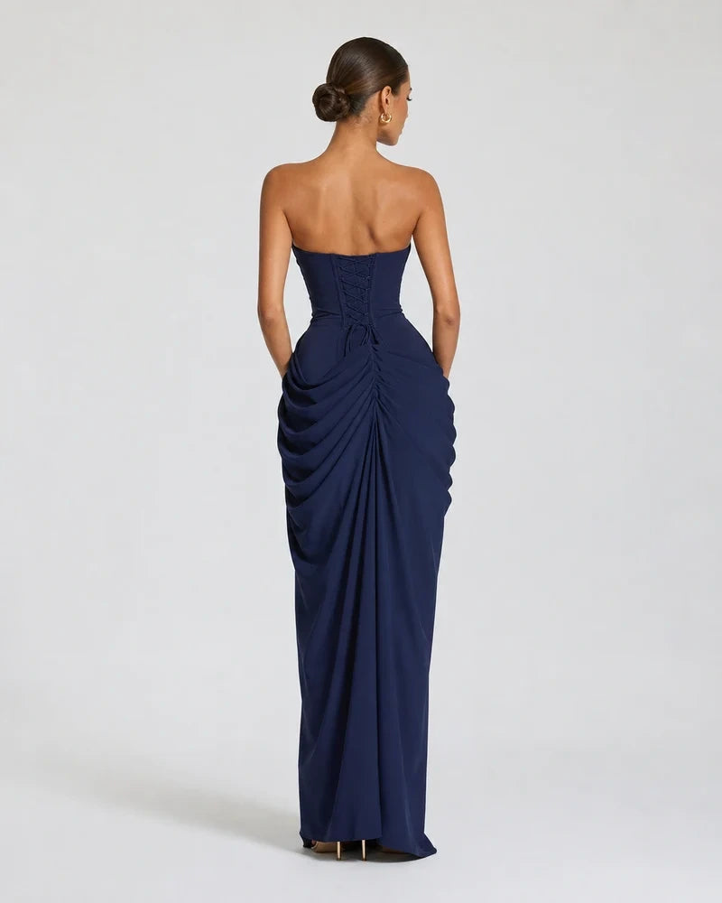 Alessia Strapless Draped Maxi Dress in Navy Blue – back view