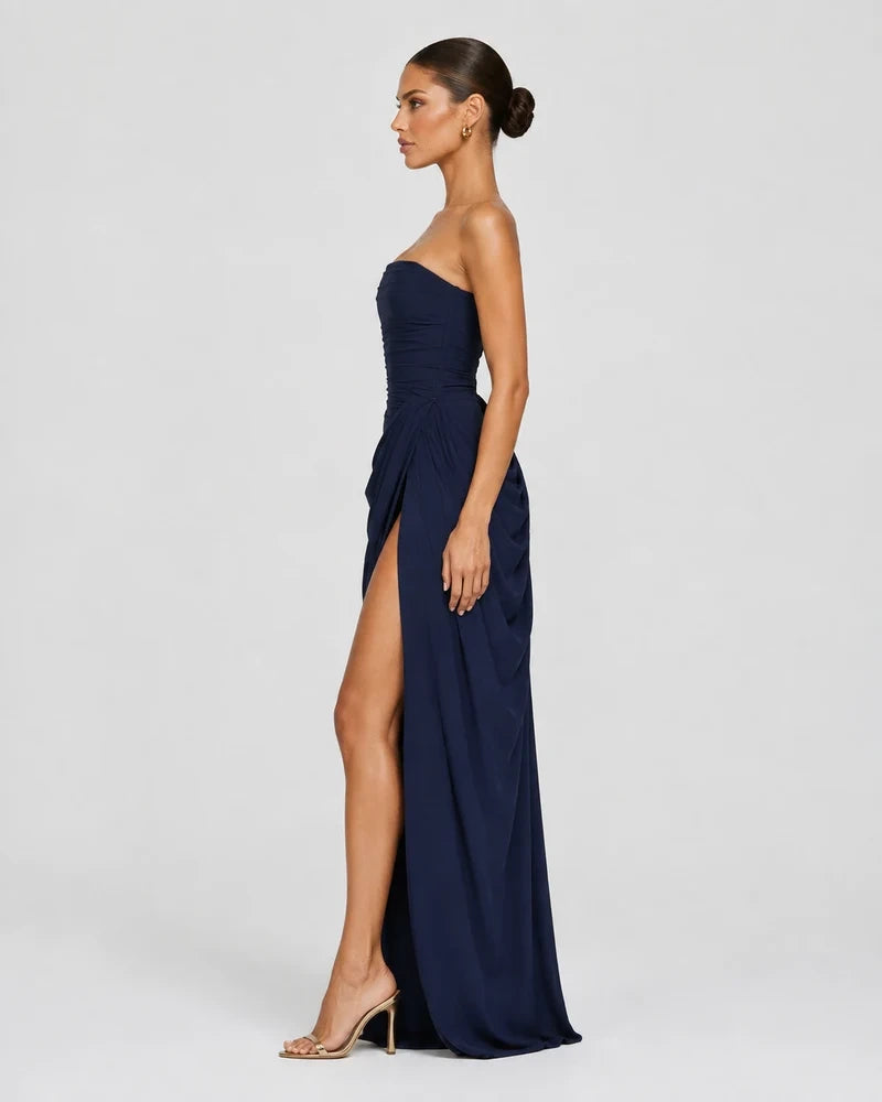 Alessia Strapless Draped Maxi Dress in Navy Blue – side view