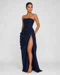 Alessia Strapless Draped Maxi Dress in Navy Blue – three-quarter view