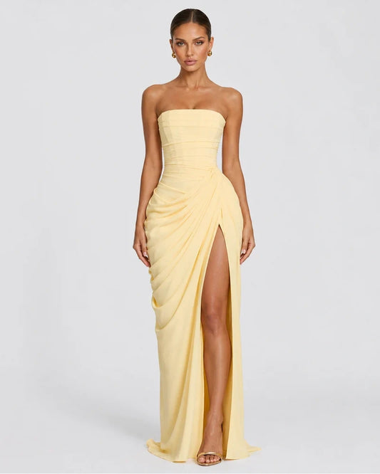 Alessia Strapless Draped Maxi Dress in Yellow – front view
