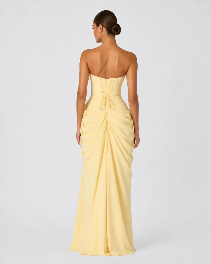 Alessia Strapless Draped Maxi Dress in Yellow – back view