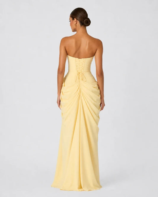 Alessia Strapless Draped Maxi Dress in Yellow – back view
