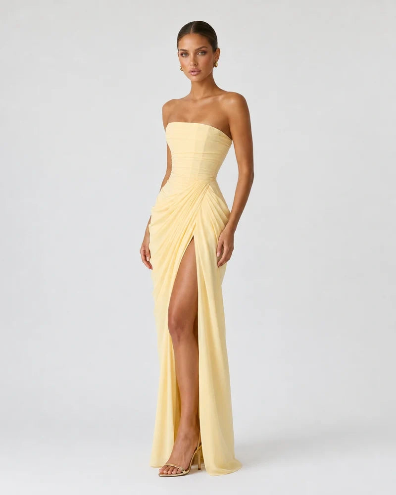 Alessia Strapless Draped Maxi Dress in Yellow – three-quarter view