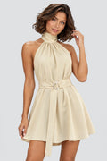 Elodie Halter Mini Dress in Beige – studio neckline waist detail view
