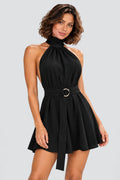 Elodie Halter Mini Dress in Black – studio neckline detail view
