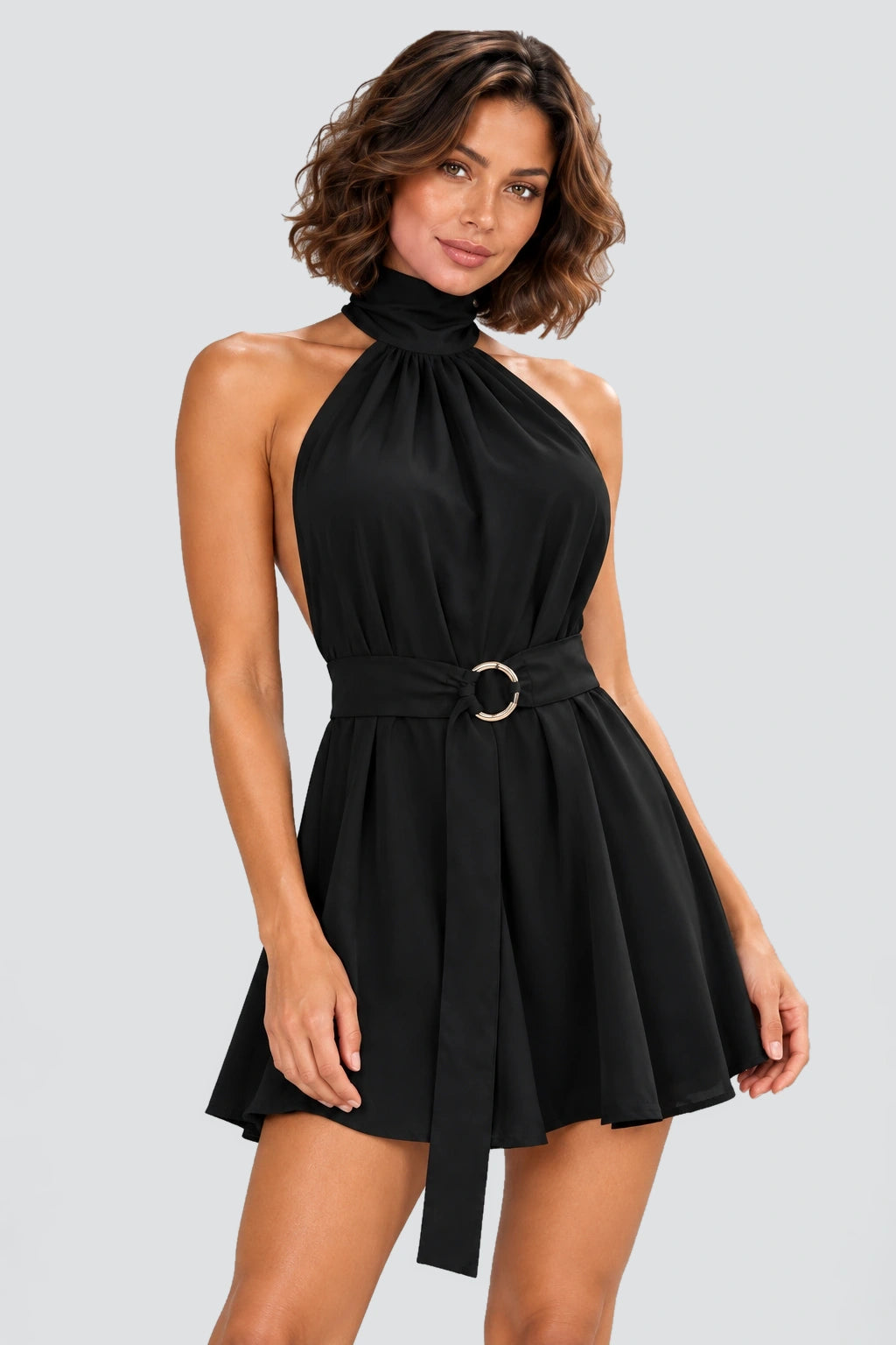 Elodie Halter Mini Dress in Black – studio neckline detail view