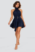 Elodie Halter Mini Dress in Navy Blue – studio movement view