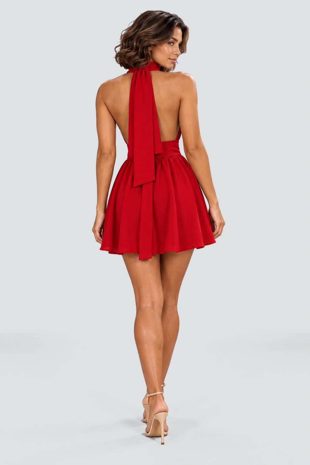 Elodie Halter Mini Dress in Red – studio back view
