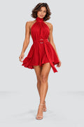 Elodie Halter Mini Dress in Red – studio movement view