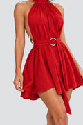 Elodie Halter Mini Dress in Red – studio waist detail view
