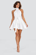 Elodie Halter Mini Dress in White – studio movement view
