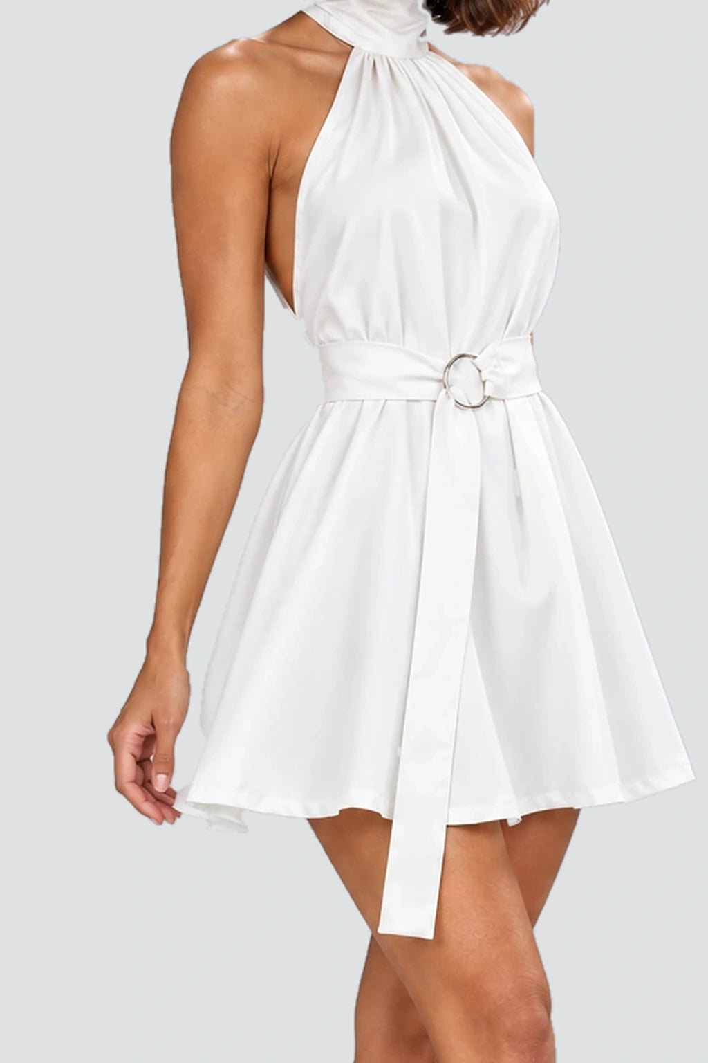 Elodie Halter Mini Dress in White – studio waist detail view