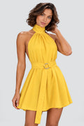 Elodie Halter Mini Dress in Yellow – studio neckline waist detail view