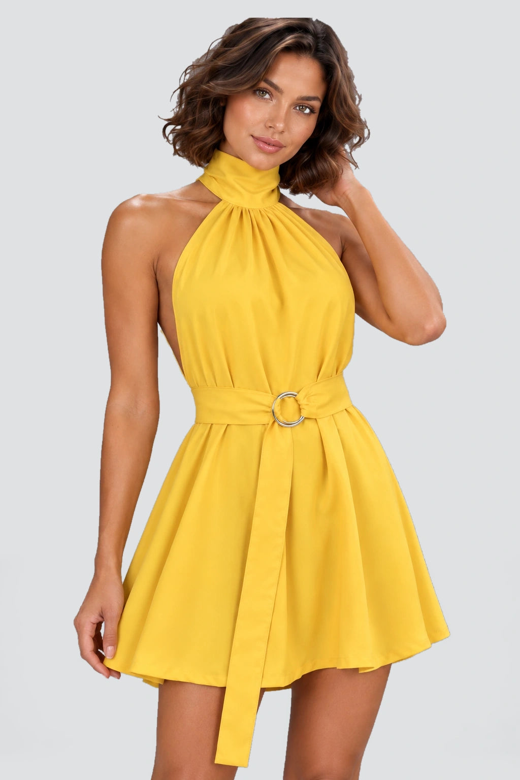 Elodie Halter Mini Dress in Yellow – studio neckline waist detail view
