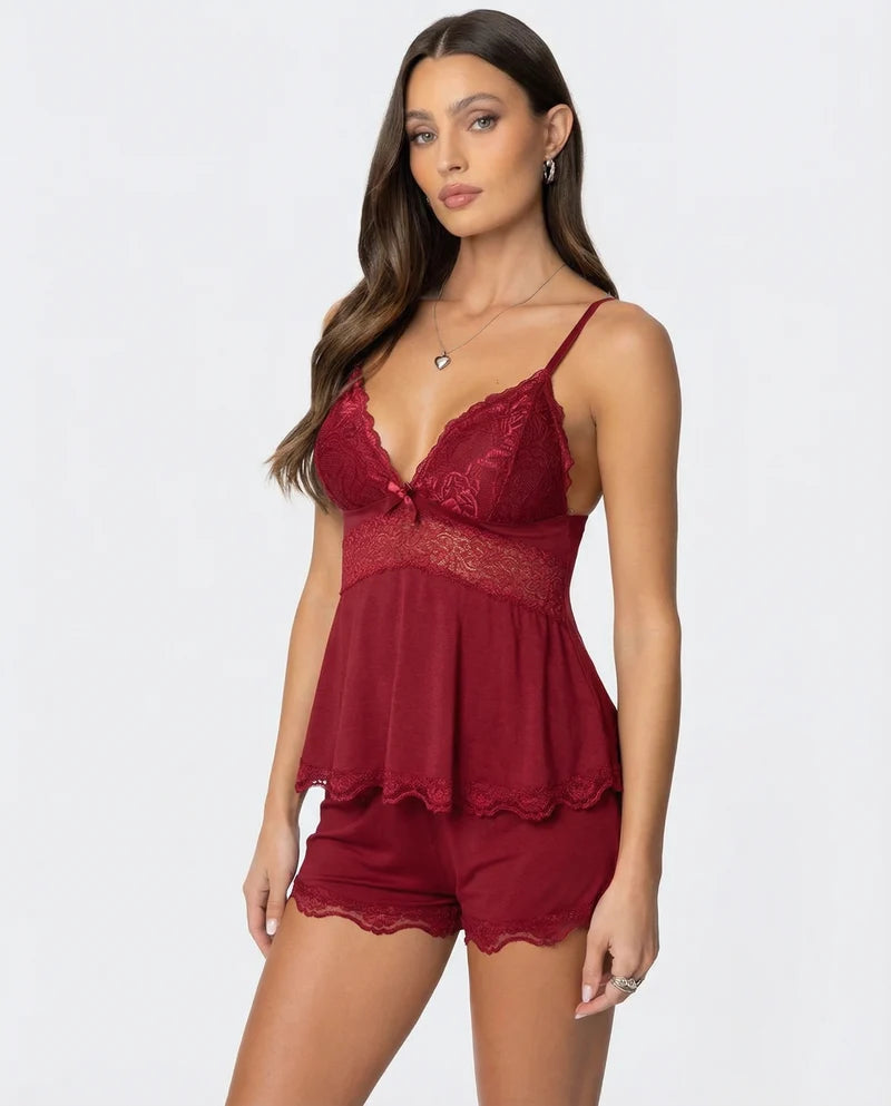 Luna Lace Cami & Shorts Set in Burgundy – three-quarter view