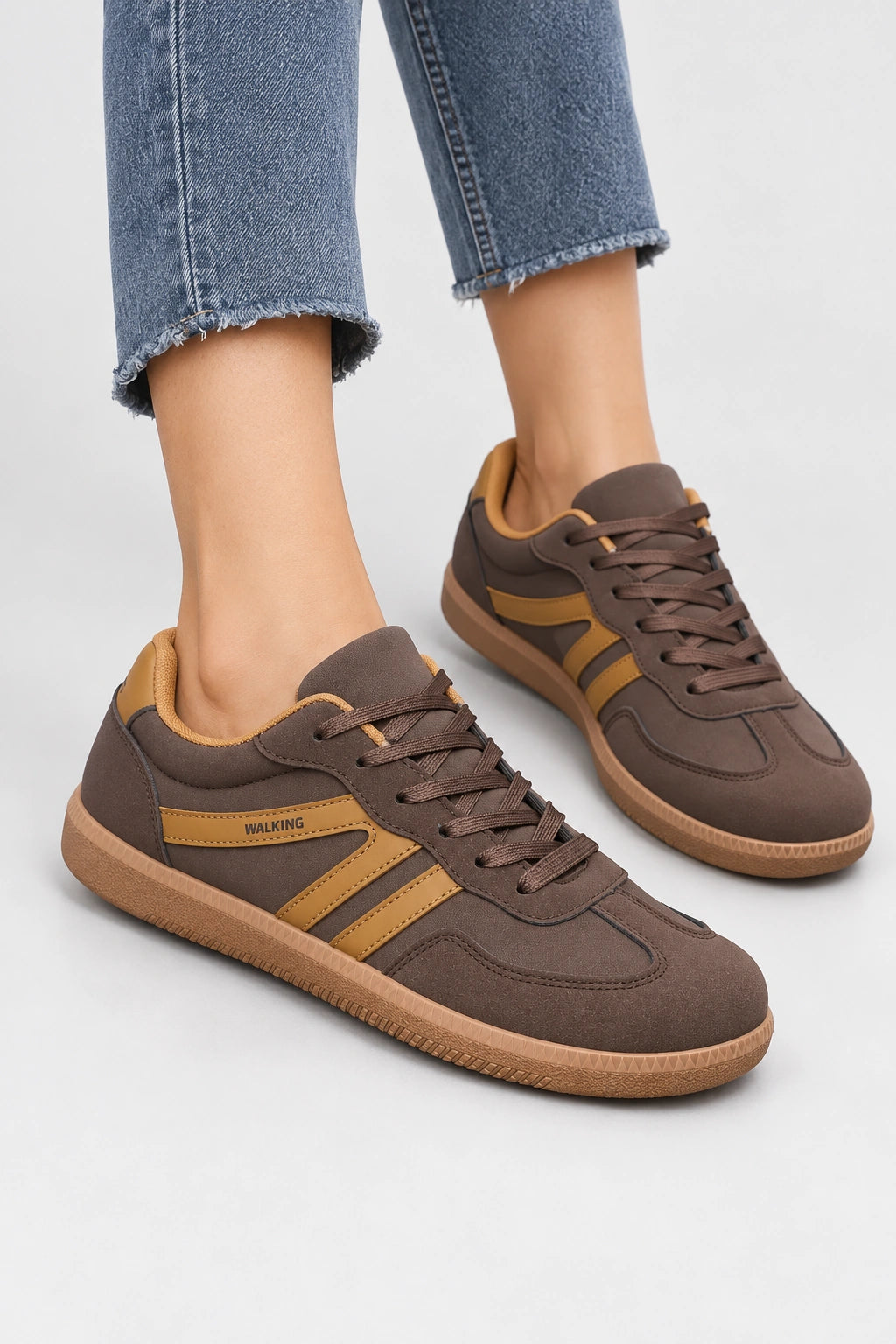 Mila Walking Sneakers in Brown – model standing