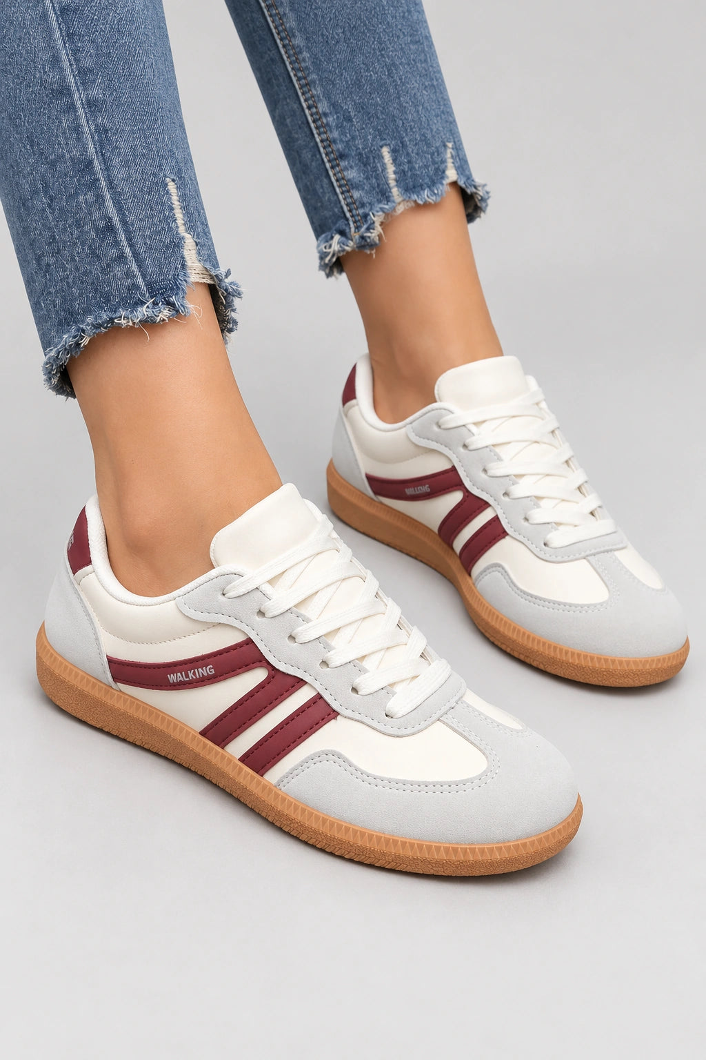 Mila Walking Sneakers in Wine Red – model standing