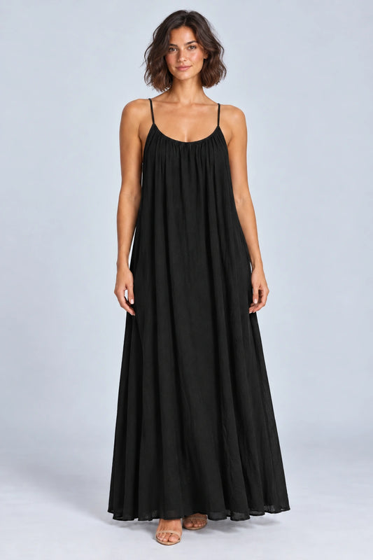 Sienna Open Back Maxi Dress in Black – studio front view