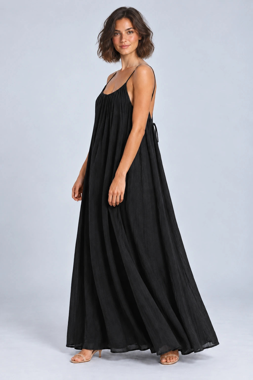 Sienna Open Back Maxi Dress in Black – studio three-quarter view