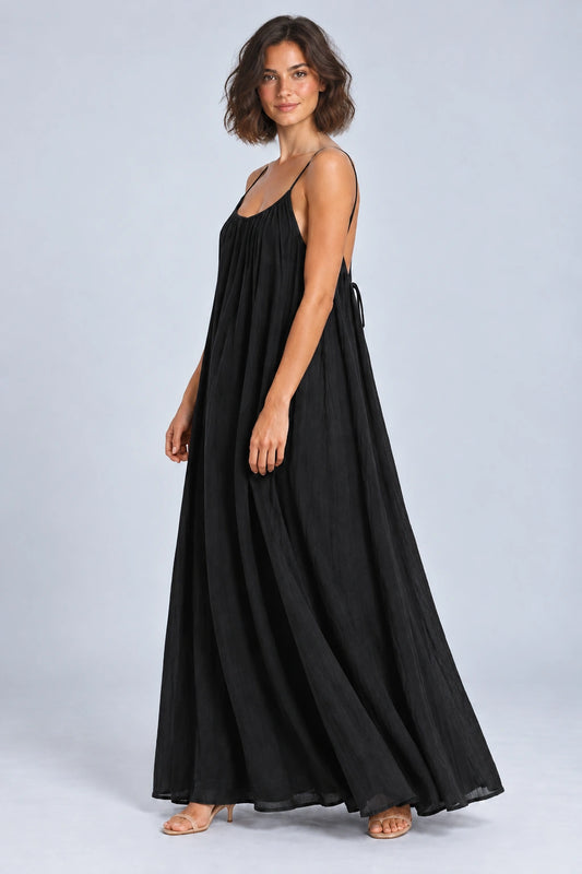 Sienna Open Back Maxi Dress in Black – studio three-quarter view
