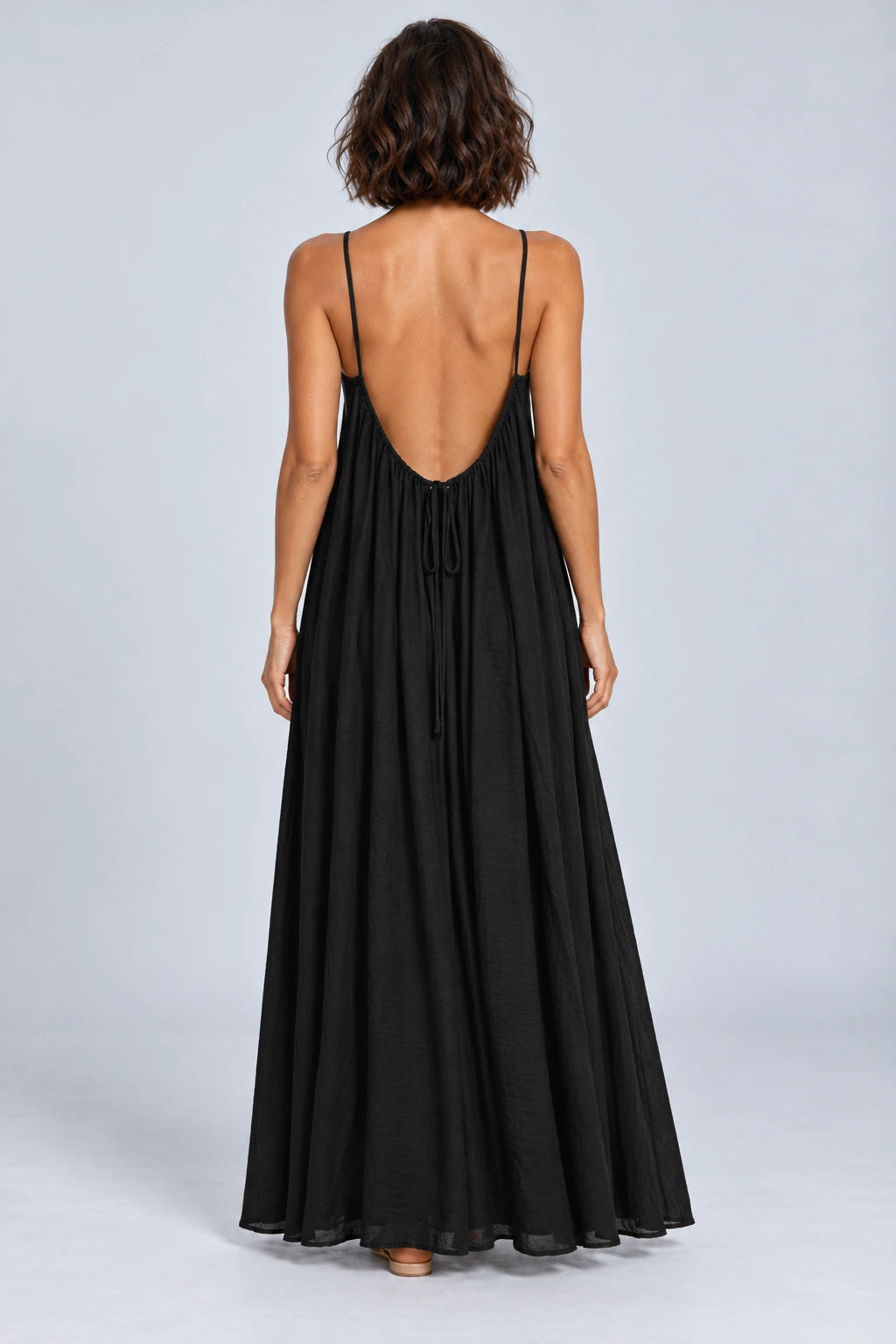 Sienna Open Back Maxi Dress in Black – studio back view