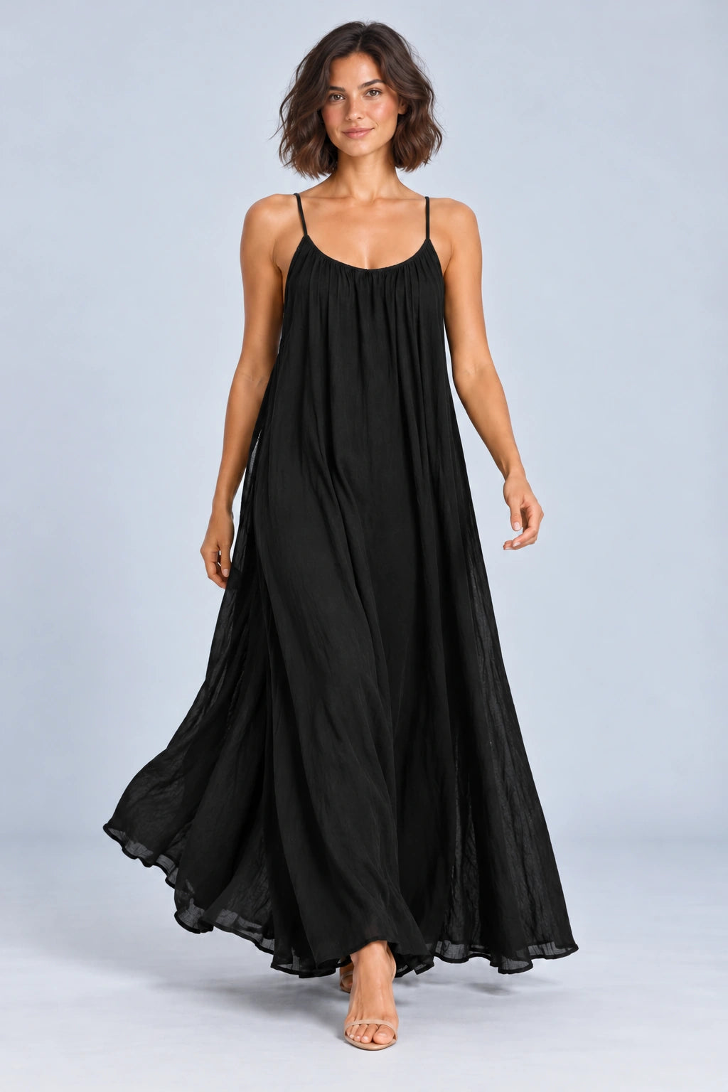 Sienna Open Back Maxi Dress in Black – studio movement view