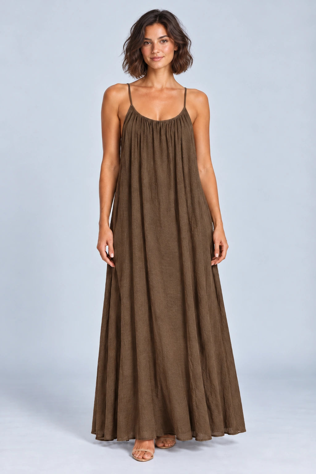 Sienna Open Back Maxi Dress in Brown – studio front view