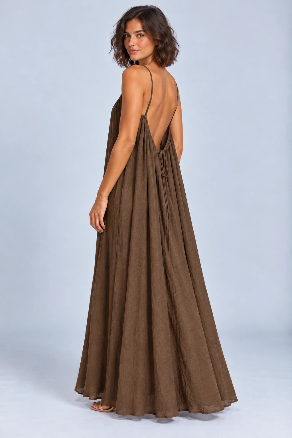 Sienna Open Back Maxi Dress in Brown – studio three-quarter view
