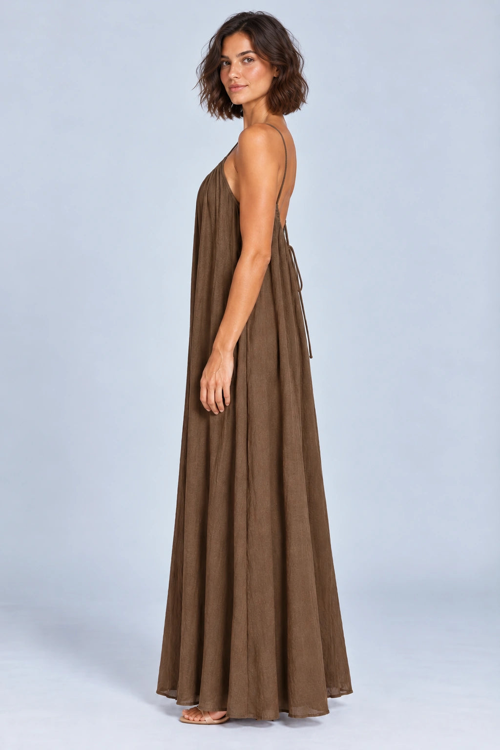 Sienna Open Back Maxi Dress in Brown – studio side profile