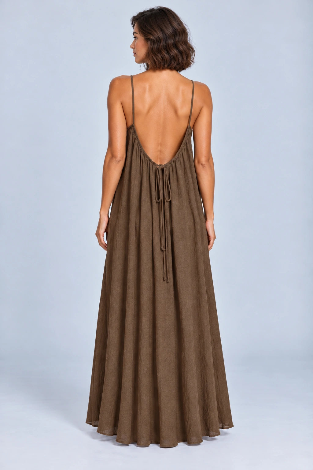 Sienna Open Back Maxi Dress in Brown – studio back view
