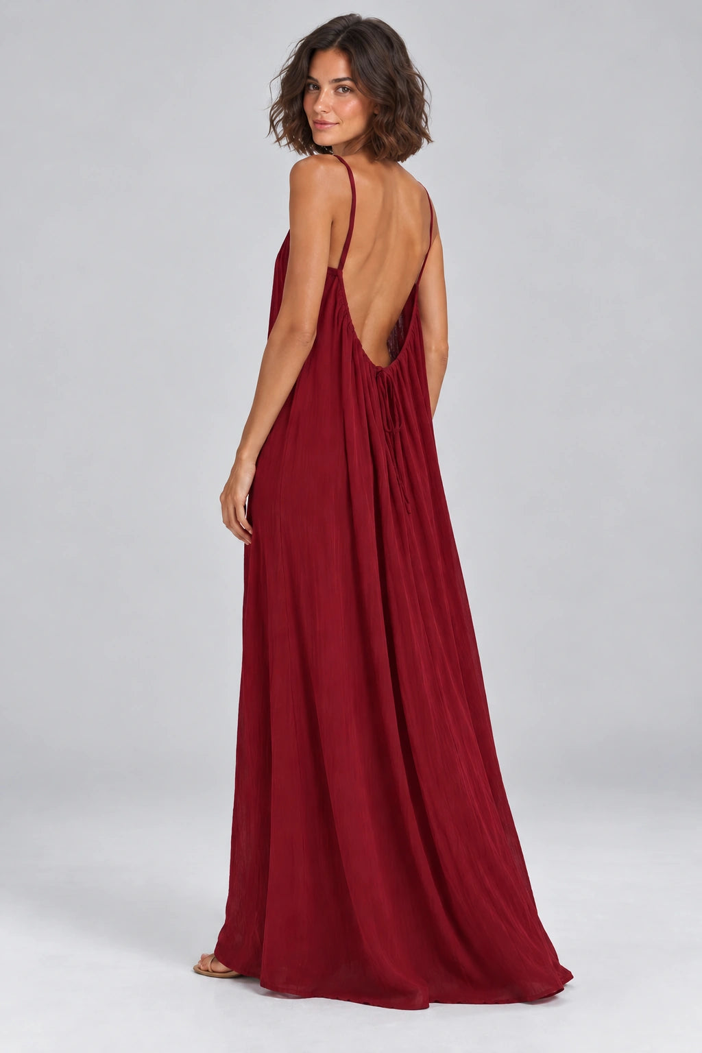 Sienna Open Back Maxi Dress in Burgundy – studio three-quarter view