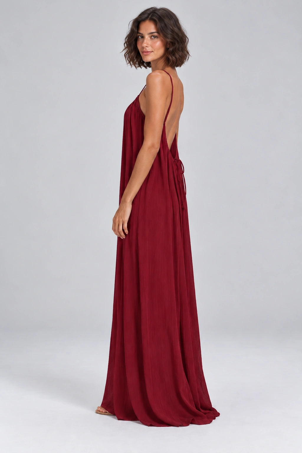 Sienna Open Back Maxi Dress in Burgundy – studio side profile